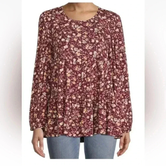 Time and Tru Red Floral Tier Babydoll Blouse Top Size Small Women - Picture 1 of 6